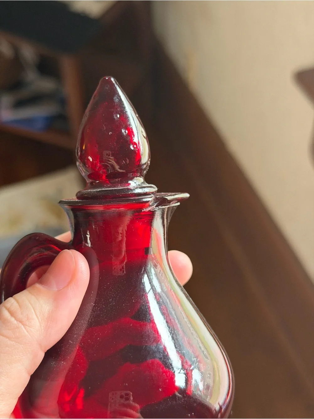 Ruby Red Glass Cruet Bottle with Strawberry Stopper - Avon